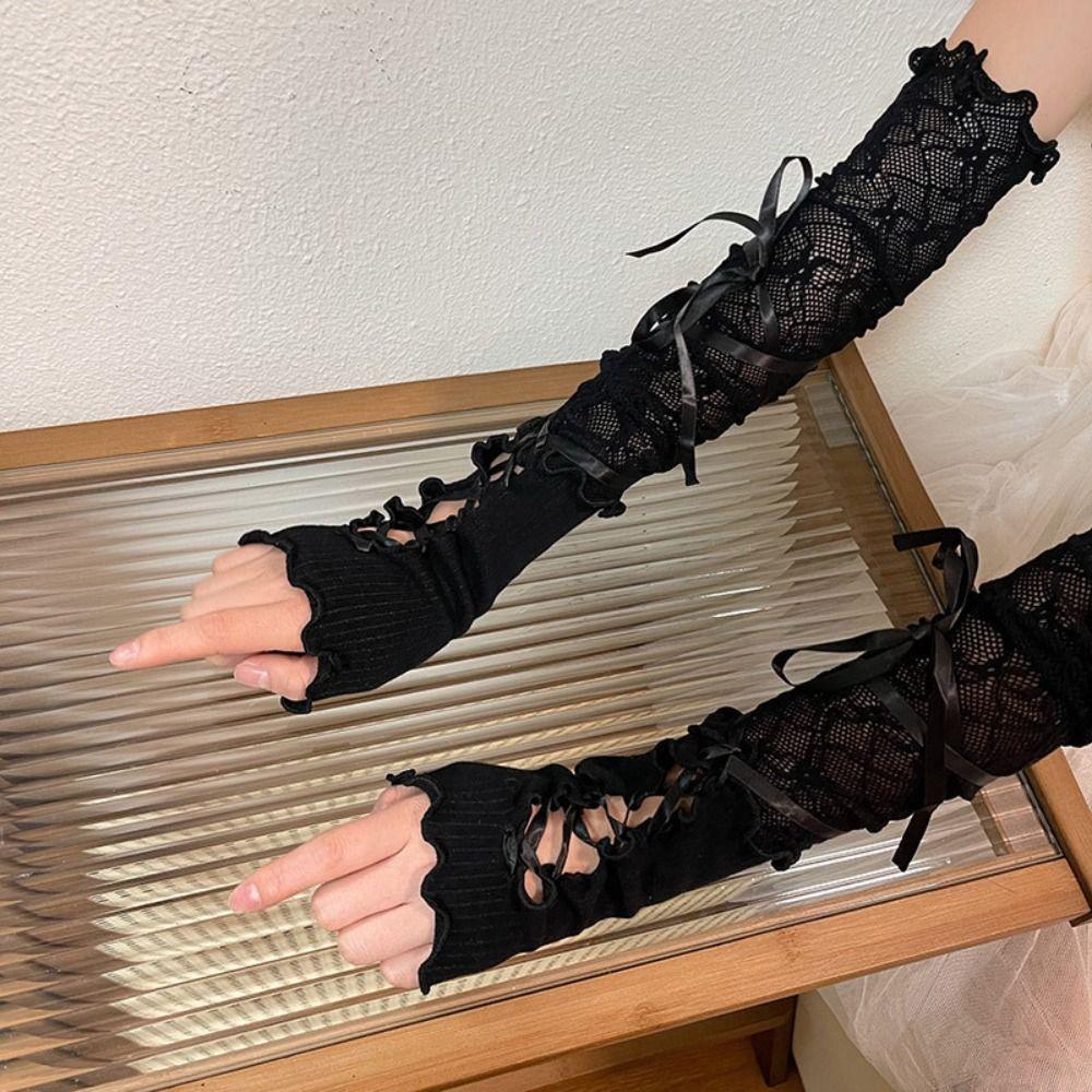 Y2k Lace Princess Gloves Ballet Style Women Sunscreen Sleeve New Lace Bow Gloves  Cosplay Gloves