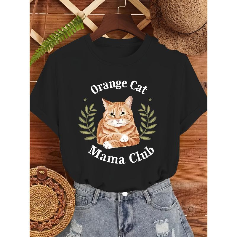 

Womens Vintage Cat Star Print T Shirt Orange Tabby Kitten Paw Prints Branches Round Neck Short Sleeve Machine Washable Non See Through Fabric 4XL чорний