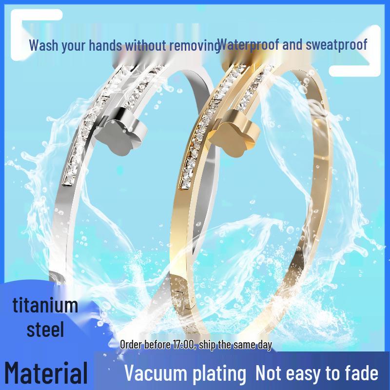 18K Gold Vierblättriges Kleeblatt Diamantbesetztes Öffnungsfähiges Armband - Nicht verblassendes Titanstahl-Armband für Damen, Europäischer & Amerikanischer Modeschmuck.