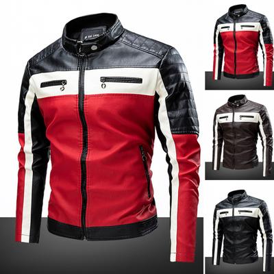 Men Jacket Color Block Slim Windproof Faux Leather Stand Collar Outerwear