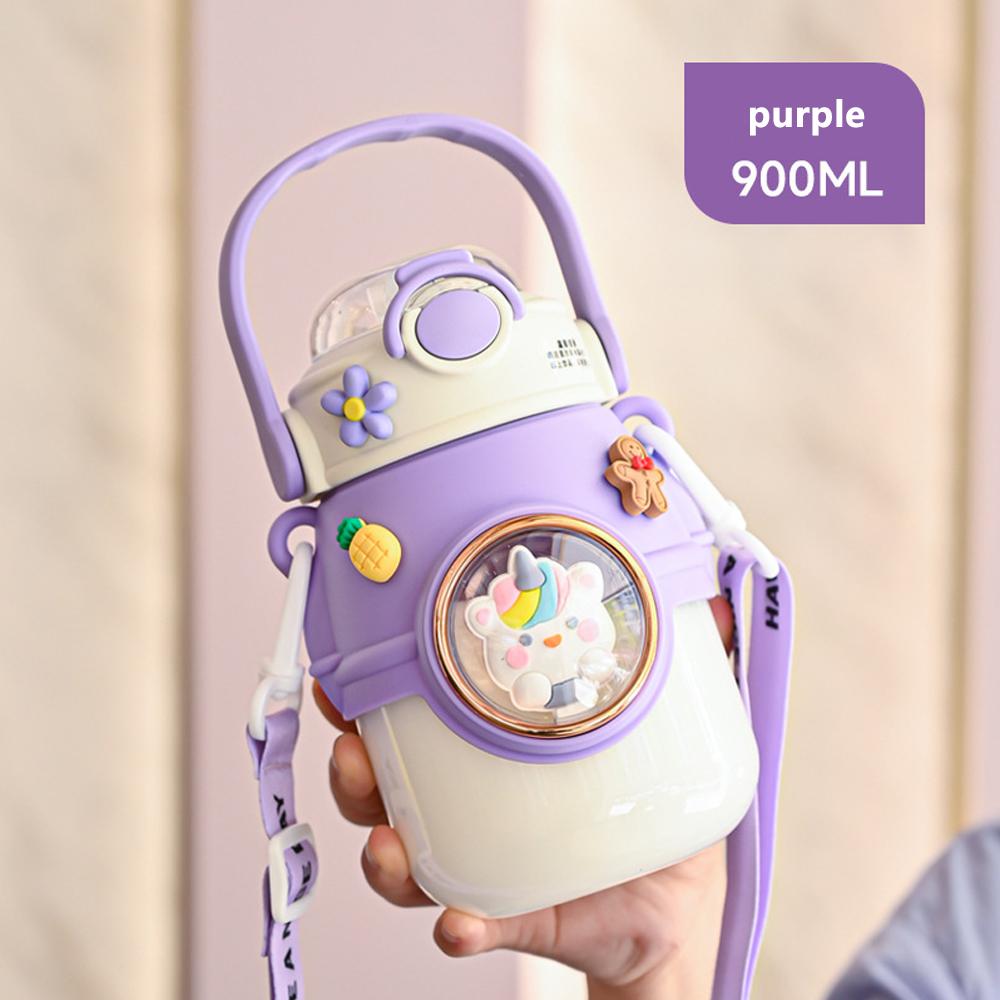 900ML Kinderwasserflaschen für Mädchen Große Kapazität Kunststoff Kinderwasserflasche mit Strohhalm für Schule Outdoor Reise Wasserbecher