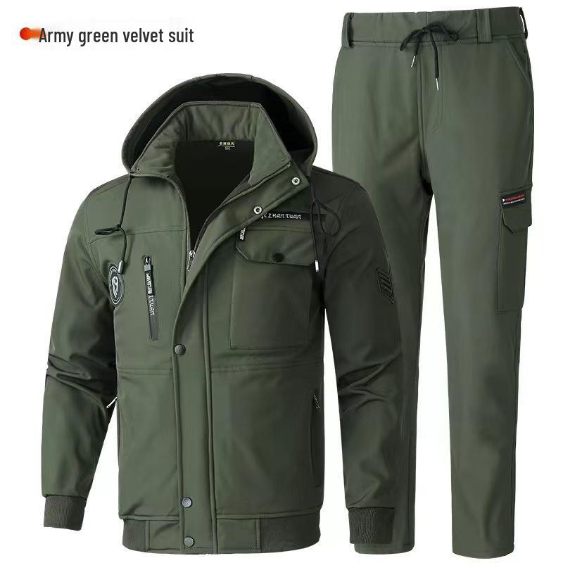 Men's Fleece-Lined Camouflage Workwear Set - Thick, Warm, Dirt & Wear-Resistant, Cold-Proof Cotton for Autumn/Winter.