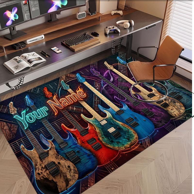 Music Guitar Theme Soft Crystal Velvet Rug Custom Name & Text Print Non Slip Floor Rug for Bedroom Living Room