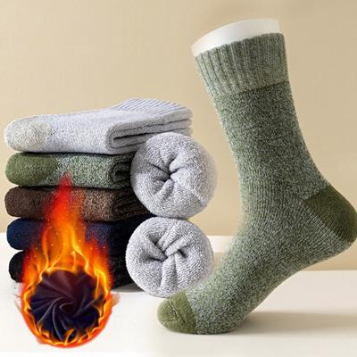 5 Pairs Men Winter Socks Thick Plush-lined Mid-tube Thick Keep Warm Solid Color Anti-slip Knitted Daily Wear Sport Socks for Hiking Camping Skiing