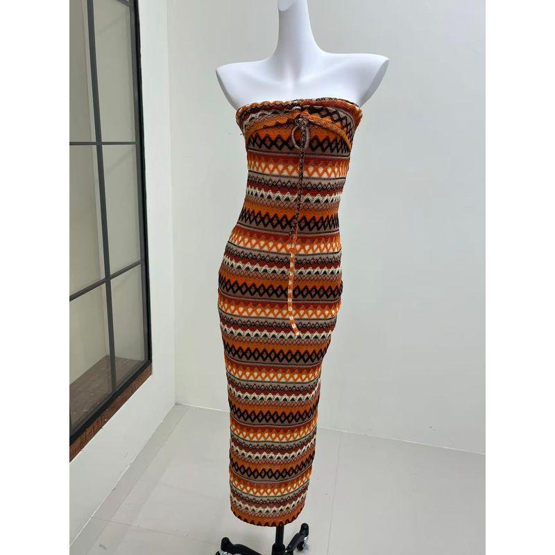

Original Order Bohemia Style Knitting Striped Slit Tube Top Dress Bloom Free Exotic Female 1 Color XS