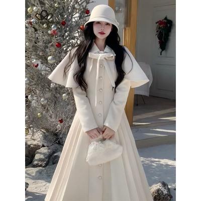 Inverno Retro Cintura Fina Longo Xale Jaqueta Vestido Duas Peças Terno Feminino Novo Estilo Casual Vestido