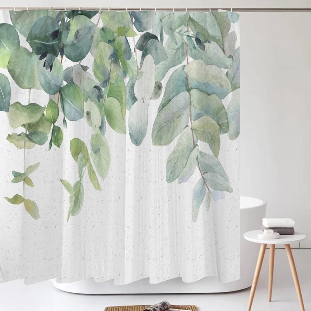 Minimalist Art Leaves Plant Shower Curtain Polyester Fabric Bathroom Decoration Shower Curtain 180*180CM with Hooks