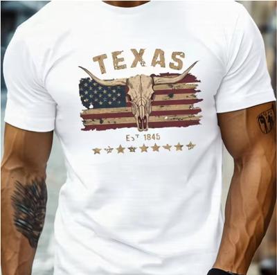 Unisex letní bavlněné módní ležérní volné tričko s potiskem lebky býka Texas Longhorn, s kulatým výstřihem, krátkým rukávem, měkké