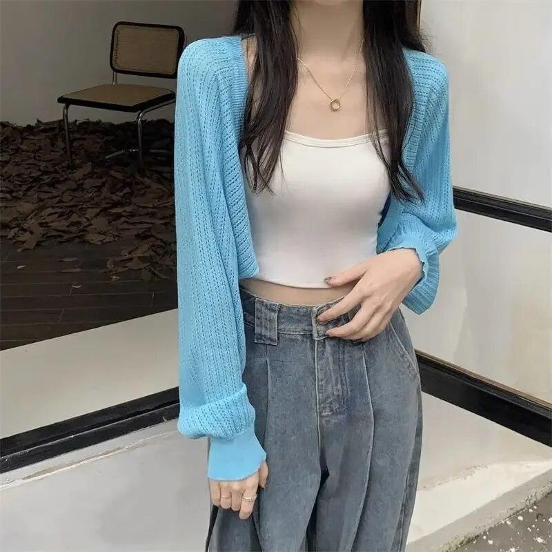 Lantern Sleeve Knit Cardigan Crochet Hollow Loose Women's Long Sleeve Thin Coat NewFashion Simple Casual Commuting Spring Autumn