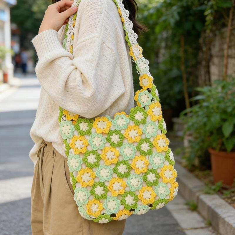 Handmade Crochet Shoulder Bag For Women Colorful Flower Patchwork Hollow Out Knitted Tote Bag Boho Style Casual Travel Handbag