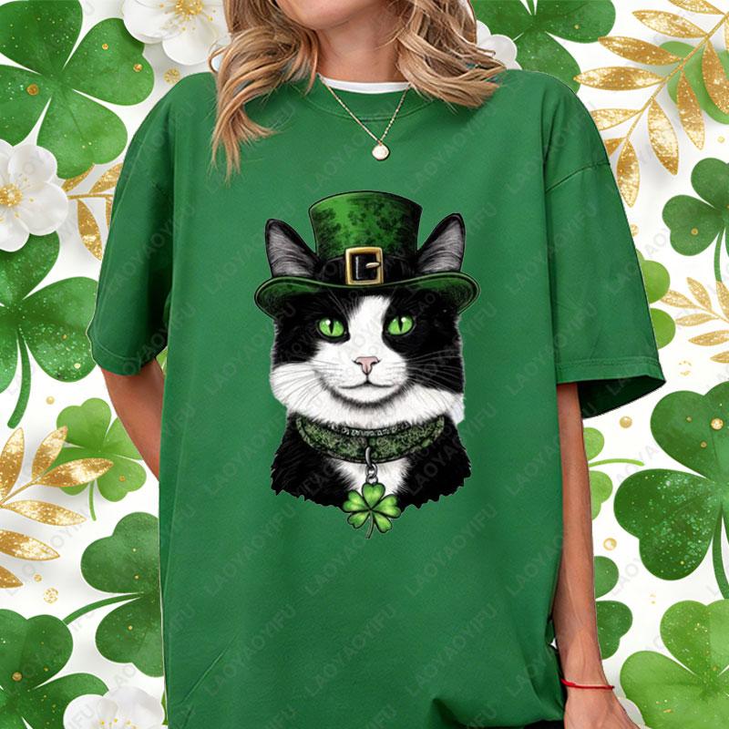 St Patricks Day Casual Unisex Cotton Shirts Lucky Clover Cute Tuxedo Cats Oneck Printed Tops Irish Women Ropa Mujer Cat Lover