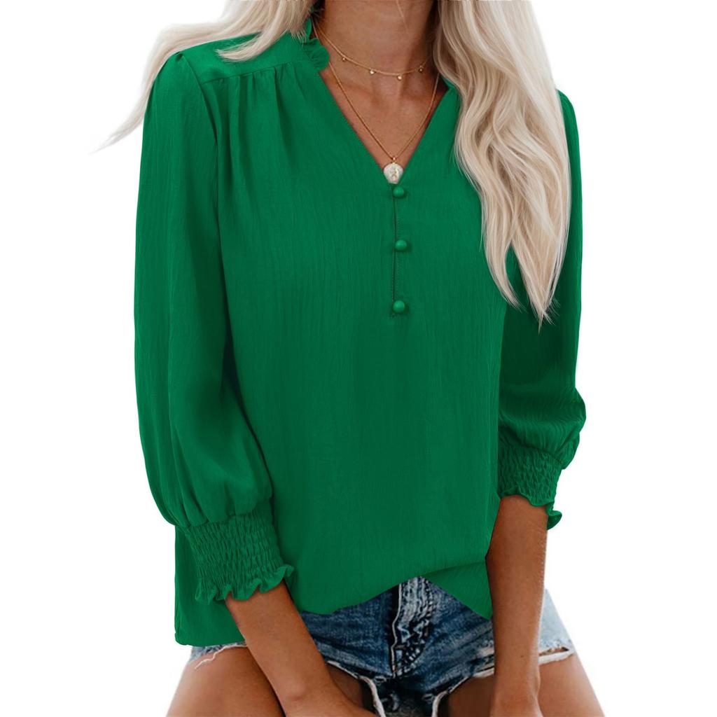 Women's Casual Fashionable V-Neck Blouse With Elasticated Cuffs