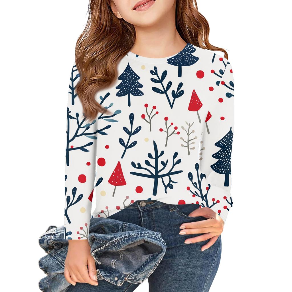 Christmas Day Girls Long Sleeve T Shirts Kids Fall Tops Crewneck Printed Basic Tees