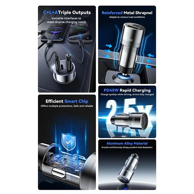 Essager IP Port Car Charger USB Type C PD QC 3.0 PPS 45W Fast Charging for iPhone 15 MacBook Samsung Xiaomi Mobile Phone Charger