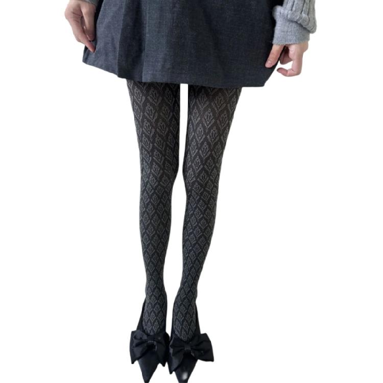 Womens Japanese Dark Floral Print Leggings Tights Vintage Jacquard Patterned Stretchy High Waist Pantyhose Stockings