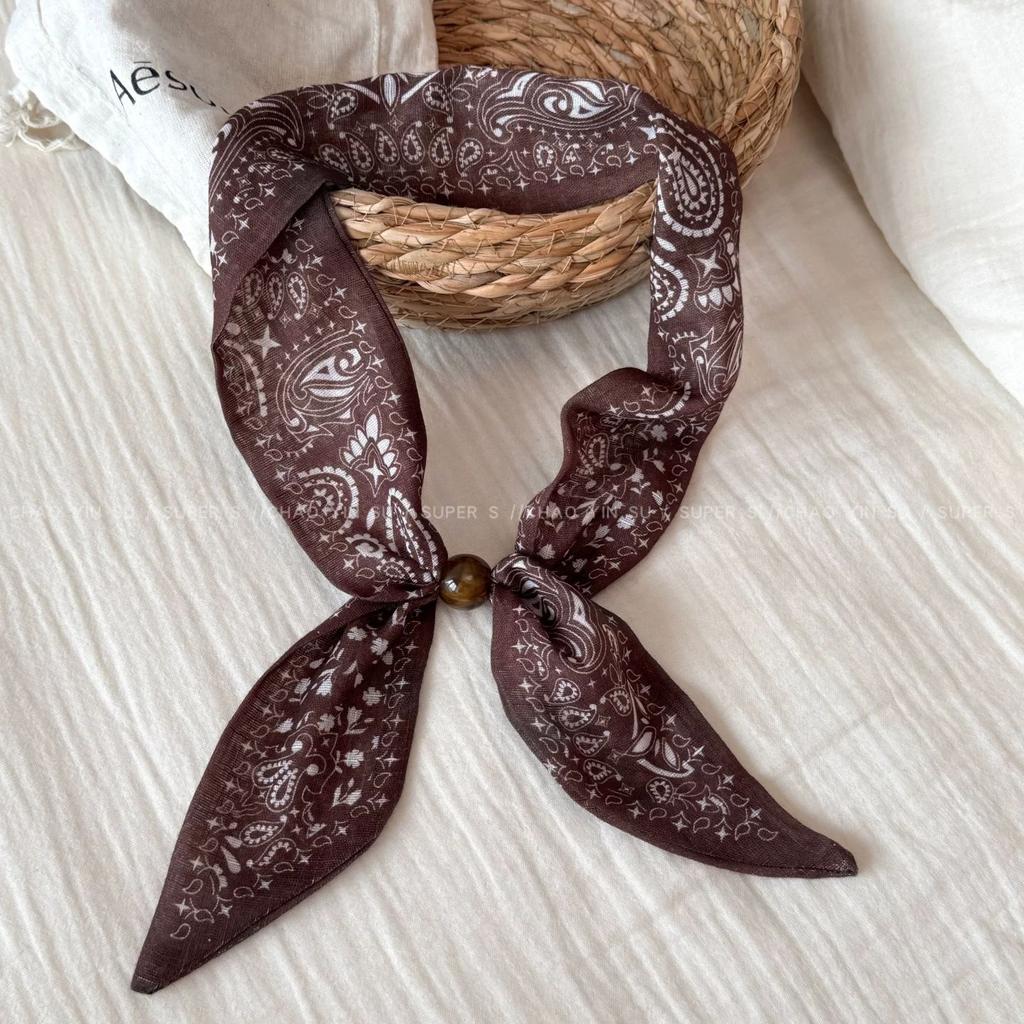 Cashew Nut Flower Silk Scarf Necklace for Women - Vintage Long-style Silk Headscarf with A Bow - Necktie - High-end Style