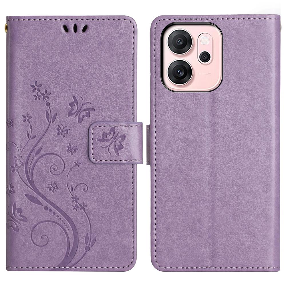 For Oppo Reno14 F 5G Leather Wallet Case Butterfly Flower Imprinted Phone Cover with Strap