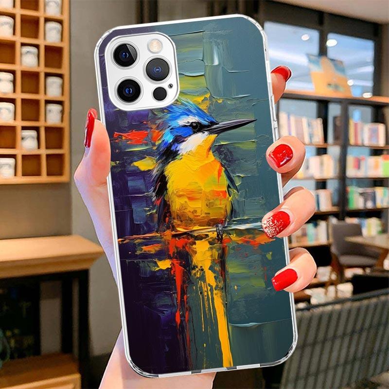 Animal Oil Painting Bird Cover Phone Case For iPhone 16 17 Air 15 14 Pro Max 16E Phone Case 13 Mini 12 11 7 SE 8 Print Pattern F