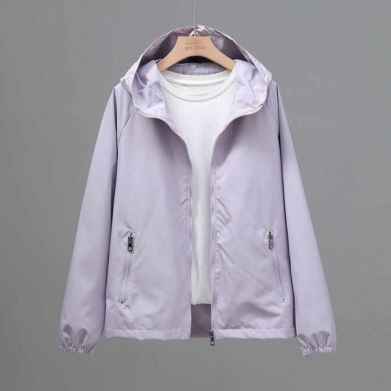 Frühlings- und Herbst Damen Winddicht und Wasserdicht Einfarbig Kapuzenjacke mit Reißverschluss Locker Lässige Jacke