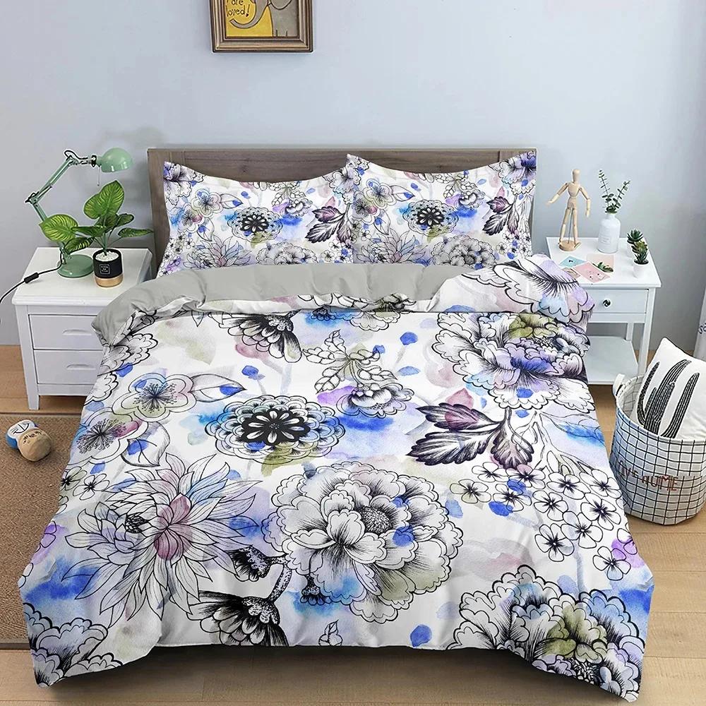 Tropical Flower Leaf Duvet Cover King Queen Colorful Vintage Floral Bedding Set for Adults Women Boho Polyester Comforter Cover