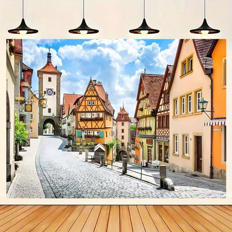 2D Bavarian Town Banner, Medieval Buildings and Clock Tower Backdrop for Decor 47.2x31.5inch/120*80cm