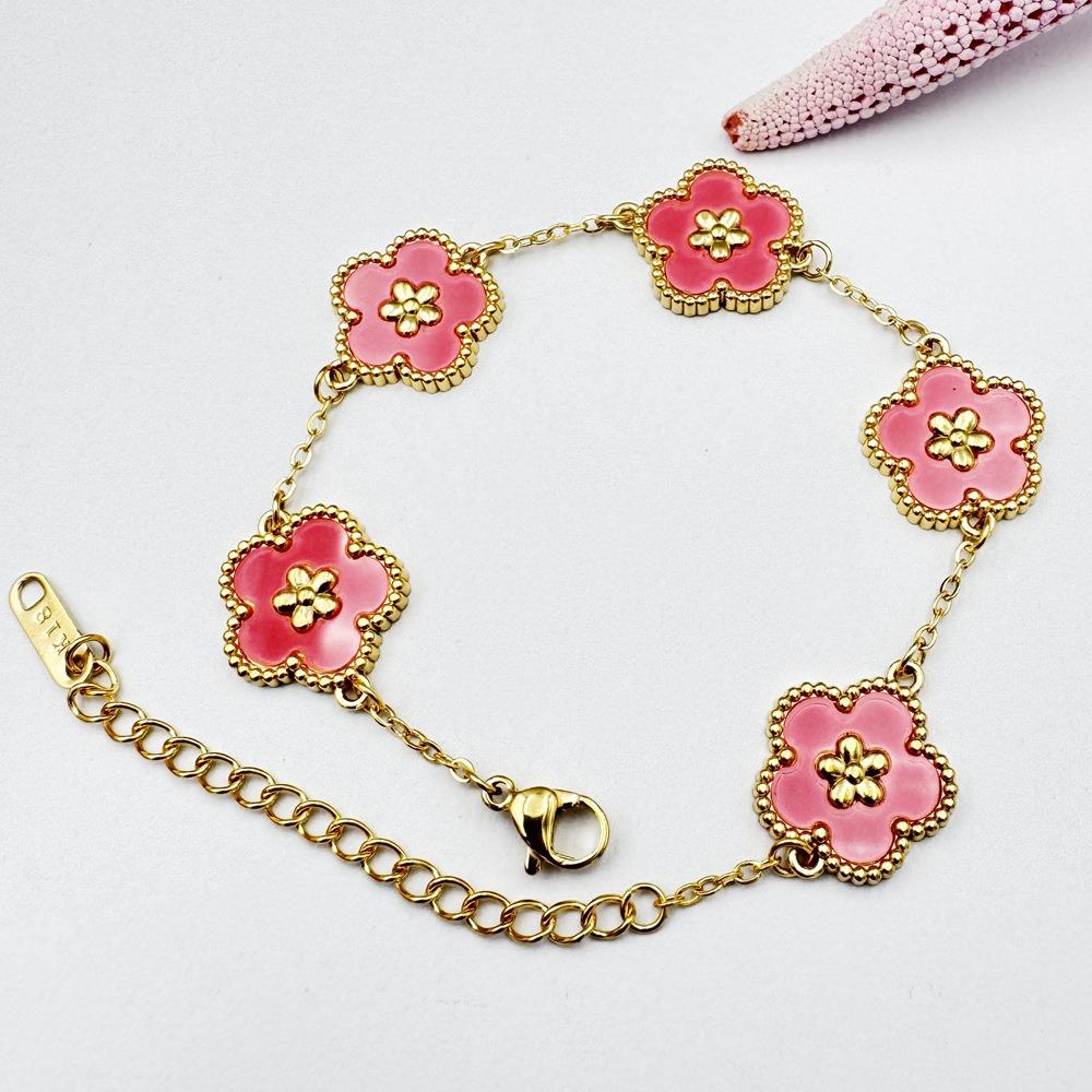 Stainless Steel Women's Clover Bracelet Personality Double Sided Five Leaf Petals Plant Adjustable Chain Party Birthday Jewelry