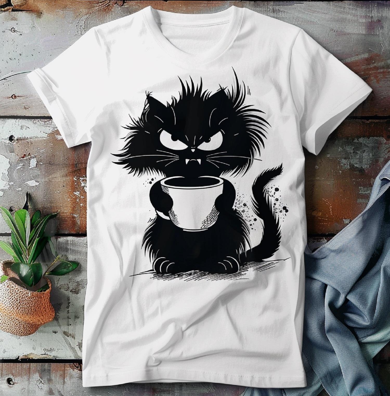 Funny White Tee Style Angry Cat with A Cuppa Graphic Personalized Custom Printed Women Men Summer T Shirts Camisetas S