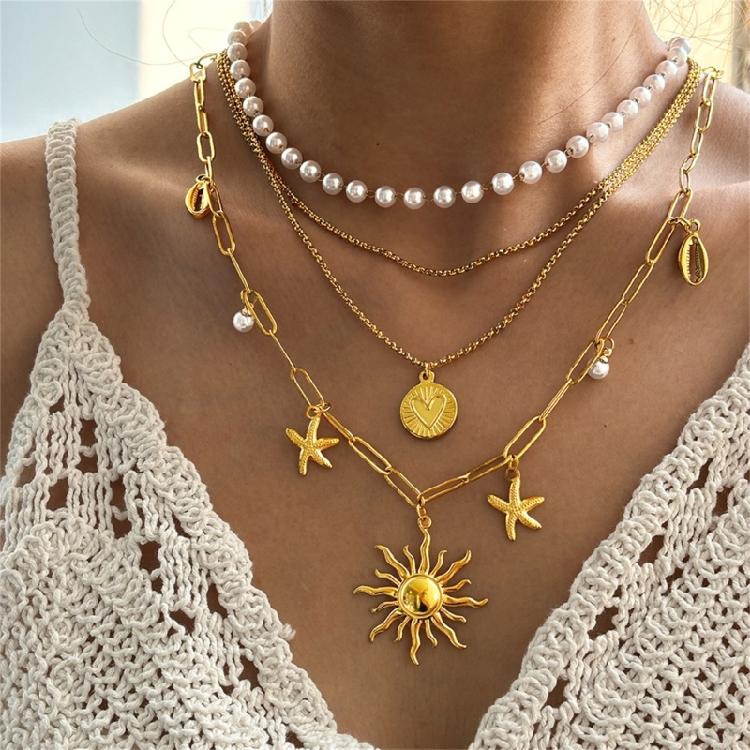 Multi Layer Necklace Pendant Neck Chain Jewelry with Sunflower Starfish And Pearls Accent For Daily Wear & Party Look