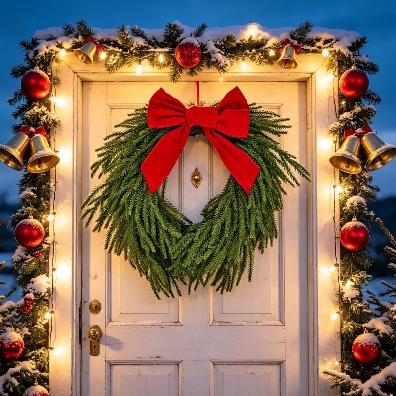 Christmas Bowknot Wreath for Door Entrances, 19.7Inch Plastic Silk-Like Fabric Wreath Hanging Decoration for Wall and Window