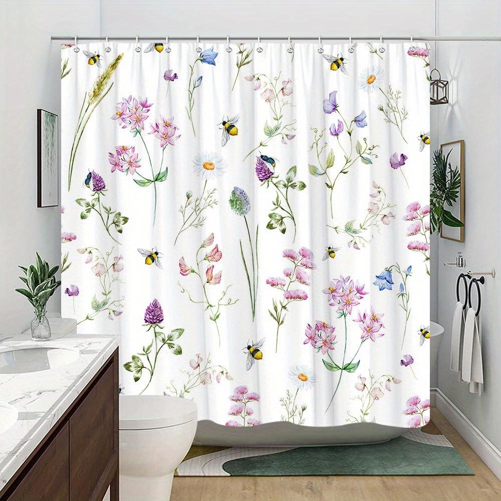 1 Watercolor Floral Shower Curtain With Lavender, Pink And Purple Flowers, Bees And Butterflies, With Hooks, Machine Washable