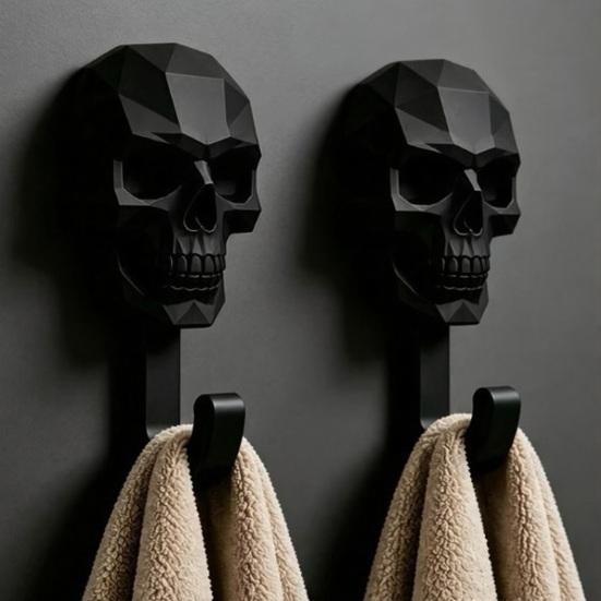 DYS 2 Stück Aufhänger, 3D-gedruckte Totenkopf-Design-Haken, Bohrerfreie Wandmontage-Haken, Wasserdichter Badezimmer-Aufbewahrungshaken für Handtücher, Hüte, Taschen