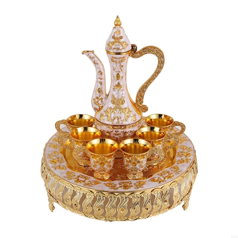 Elegant European Metal Barwares Set With Florals Embossed Decanter Tray and Glasses for Home Entertaining B03E
