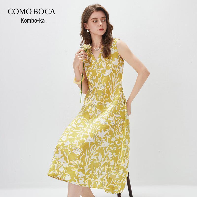 Women s Printed Ramie Sleeveless V-Neck Summer Dress L