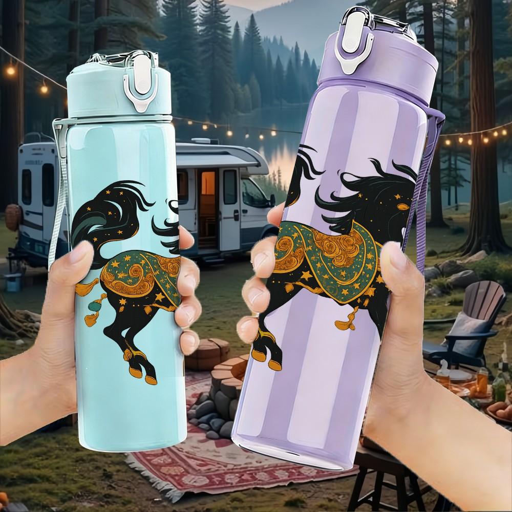 1PC Classic Black Horse Art 750ml Color Plastic Sports Water Bottle Leakproof Flip Straw Lid Suitable for Sports Office Home Use