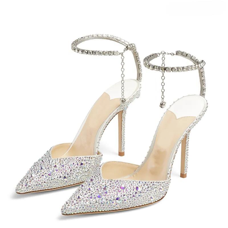 Fashion Luxury Rhinestones Sequined Ankle Strap Women Pumps Elegant Stiletto High Heels Sprin Summer Fashion Crystal Wedding Prom Shoes