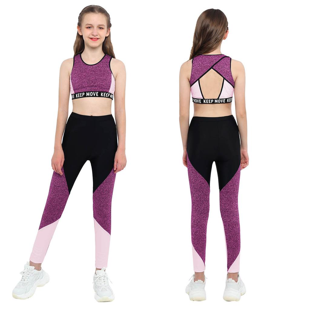 Kids Girls Sport Wear Set Wide Shoulder Straps Vest Top and Sport Pants Set Workout Running