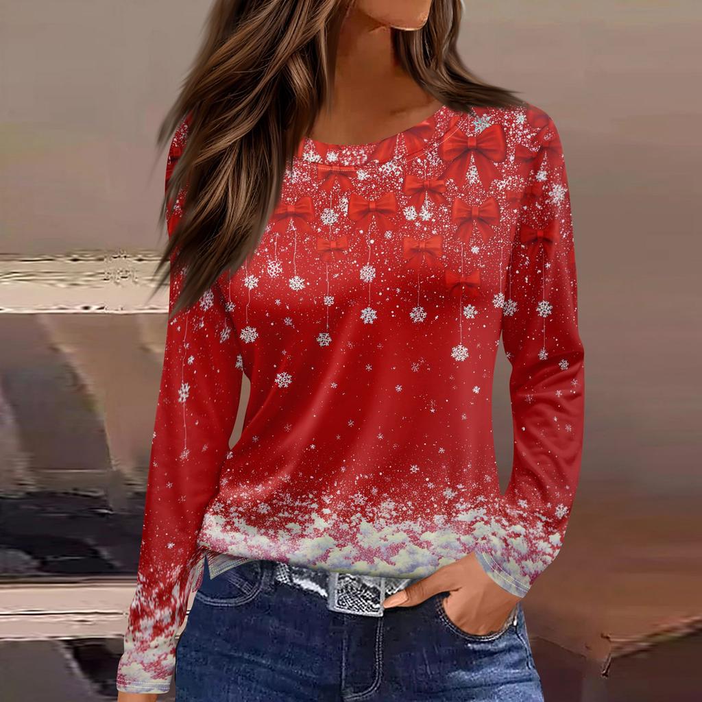 Women's Fashion Casual Slit Hem Round Neck Long Sleeve Loose Printed T-Shirt Ladies Top Christmas