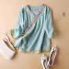 Summer Artistic Tops Cotton Linen Blouses Loose V-neck Embroidered Spliced Bandage 3/4 Sleeve Women Shirt