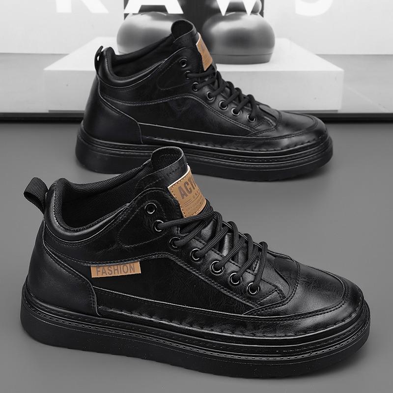 Autumn men's shoes new breathable waterproof high-top chef shoes men's trend versatile black leather shoes casual Martin boots