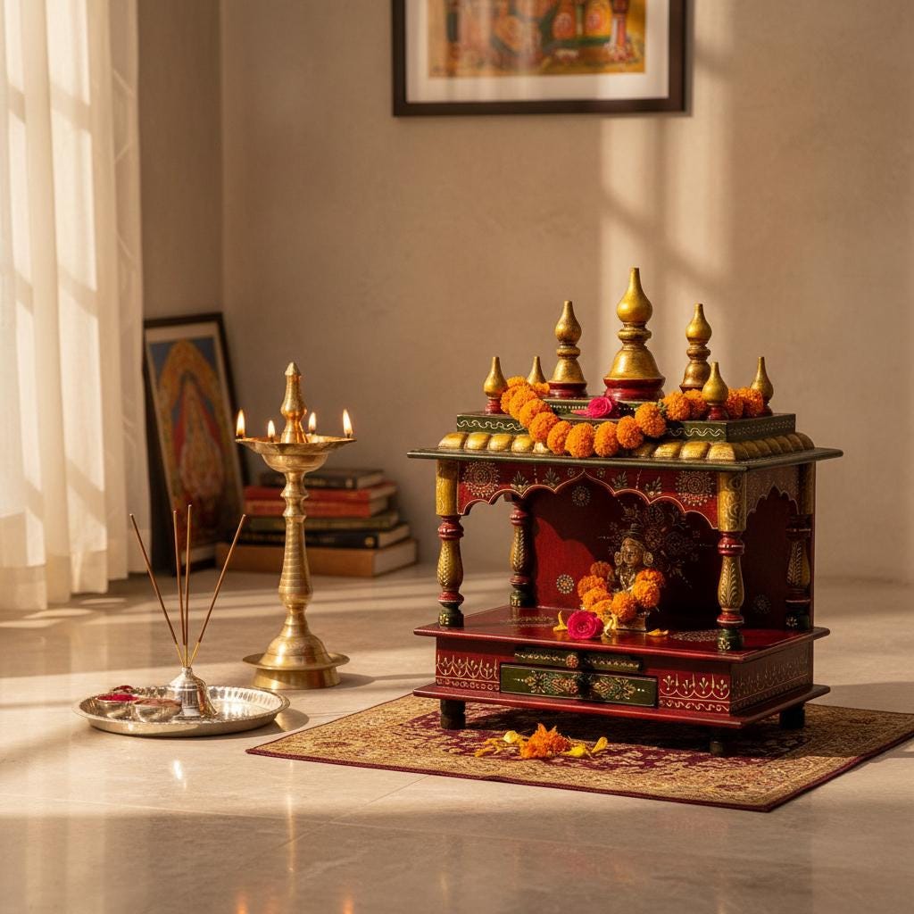 Wooden Temple | Painted Pooja Mandir Wall Desk Storage, Indian Hindu Mandir Religion | Pooja Temple For Home Office , Wall Hanging Art Gift