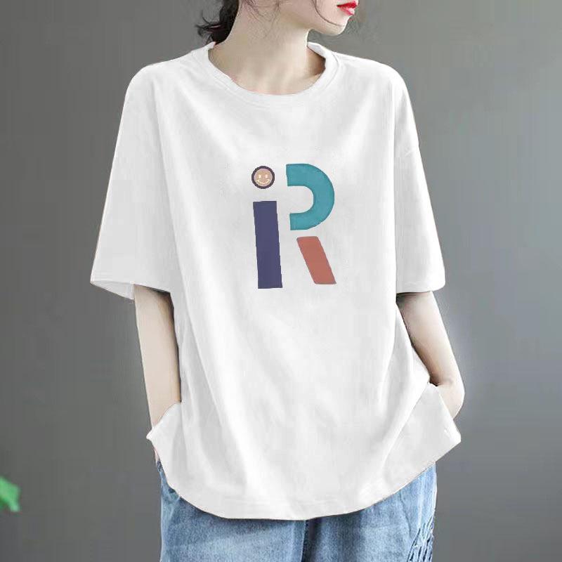 Women's High-End Pure Cotton Short-Sleeve T-Shirt, 100% Loose Fit, Slimming Versatile Round Neck Casual Top