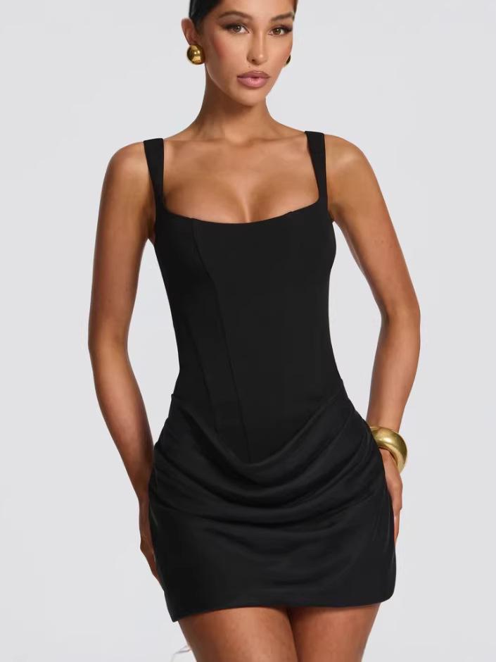 2026 Women's French Style Bodycon Square Neck Sleeveless Dress with Lace-up Waist