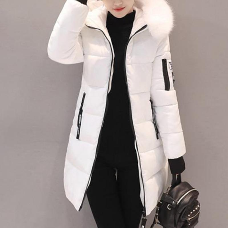 Women Winter Cotton Coat Thickened Padded Stuffed Hooded Mid Length Windproof Warm Zipper Pockets Zip Up Long Sleeve Solid Color Slim Fit Lady
