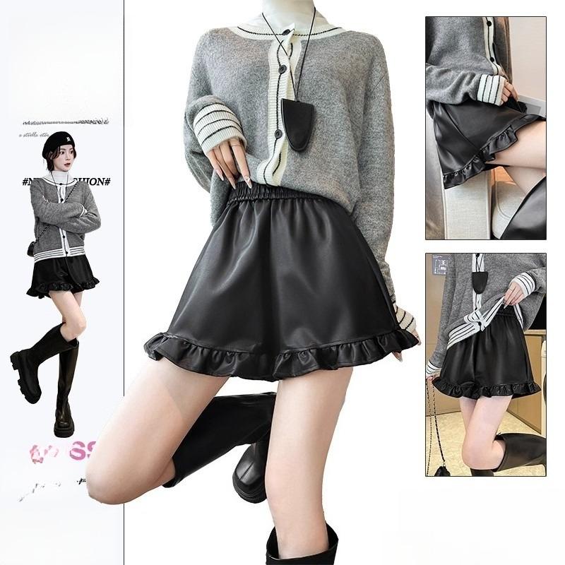 Women Coffee Ruffle Trim PU Leather Shorts Y2K Maillard A Line Hot Pants Autumn Winter