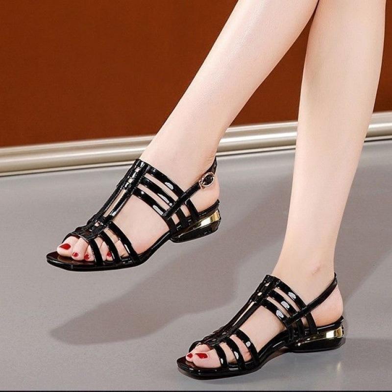 Fashion Comemore Summer Women's Low Heel Sandals Black Casual Patent Leather Hollow Out Women's Shoes Elegant Back Strap Sandales Femmes