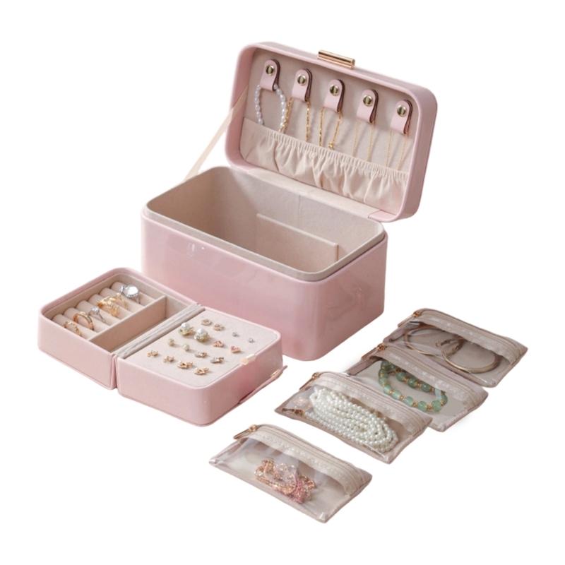 Portable Jewelry Organizers With Multiple Compartments Sturdy PU Leather Case For Earrings Necklaces Storage розовый