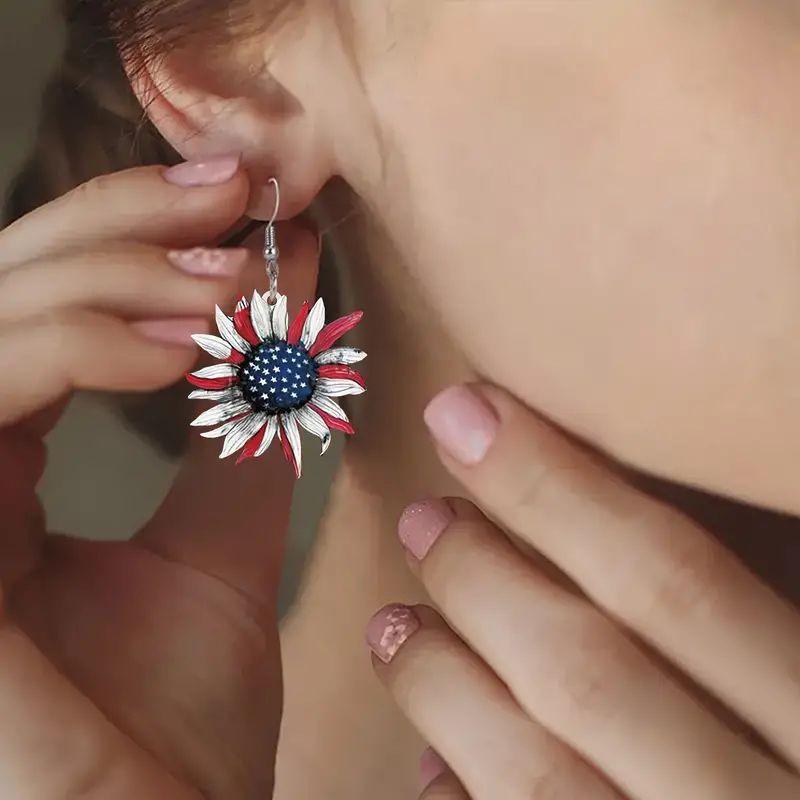 American Independence Day Red-White-Blue Striped Acrylic Star Earrings.