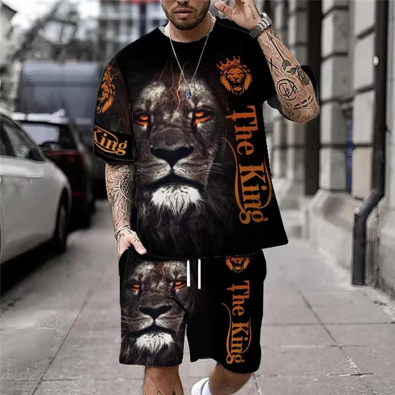 Summer men's T-shirt set, men's clothing T-shirt set, retro street style loose T-shirt short sleeved and shorts set, lightweight