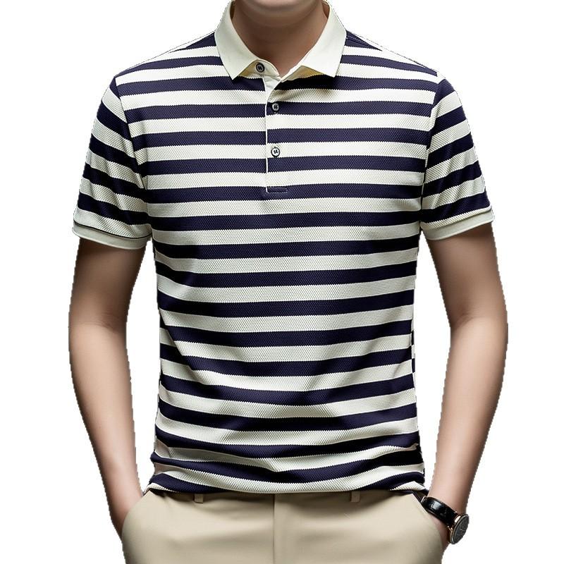 Summer Men's Trendy Casual Striped Short Sleeve T-Shirt Polo Shirt Fashion Loose Fit Lapel Collar Top