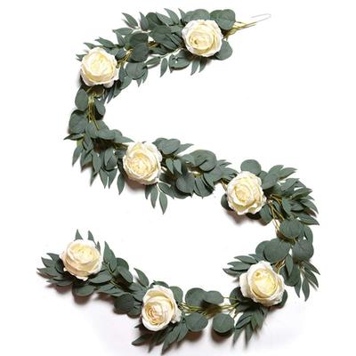 Artificial Vines Hanging Eucalyptus Leaves 2m Faux Eucalyptus with 7 Pcs Peonies Flower for Wedding Arch Wall Indoor and Outdoor Decor UV Protected